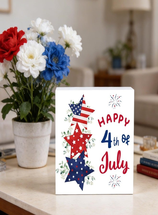 YUNKKIN 4th of July Decorations Patriotic Decor Fourth 4th of July Table Decorations Home Wooden Sign Red White and Blue Pentagram Rustic Room Office Bathroom Wood Shelf Desk Decor Season Sign 5.9 x 5.9 Inch - Image 4