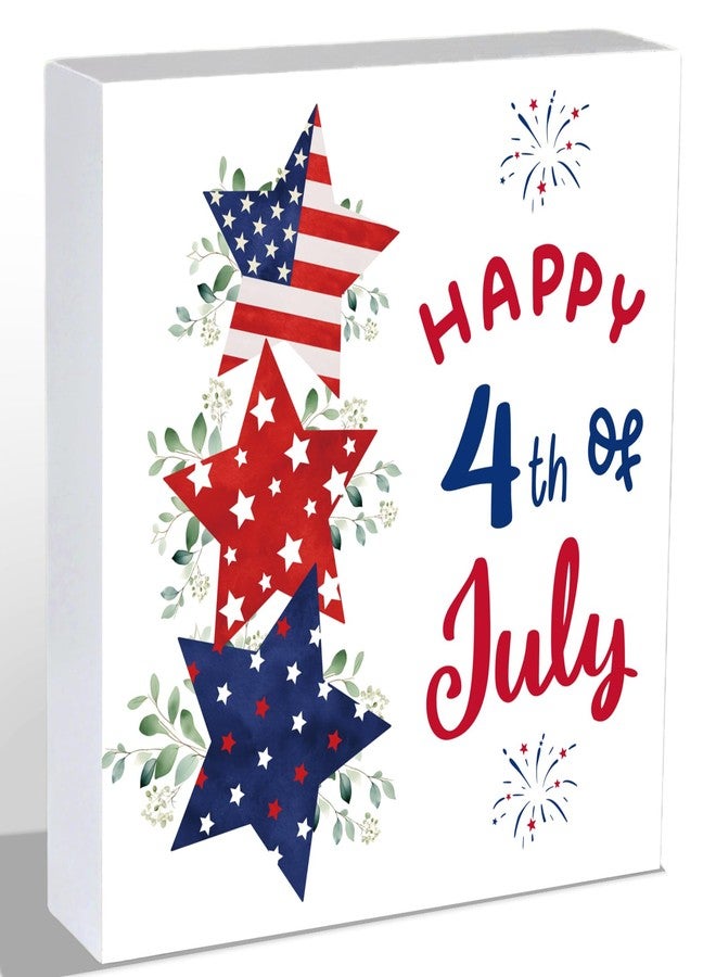 YUNKKIN 4th of July Decorations Patriotic Decor Fourth 4th of July Table Decorations Home Wooden Sign Red White and Blue Pentagram Rustic Room Office Bathroom Wood Shelf Desk Decor Season Sign 5.9 x 5.9 Inch - Image 1