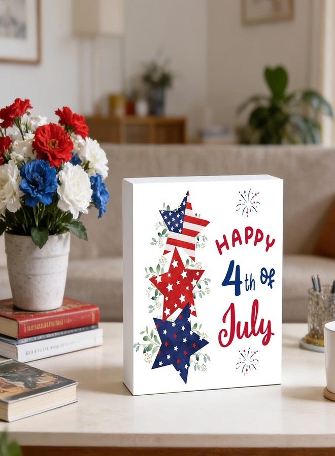 YUNKKIN 4th of July Decorations Patriotic Decor Fourth 4th of July Table Decorations Home Wooden Sign Red White and Blue Pentagram Rustic Room Office Bathroom Wood Shelf Desk Decor Season Sign 5.9 x 5.9 Inch - Image 3