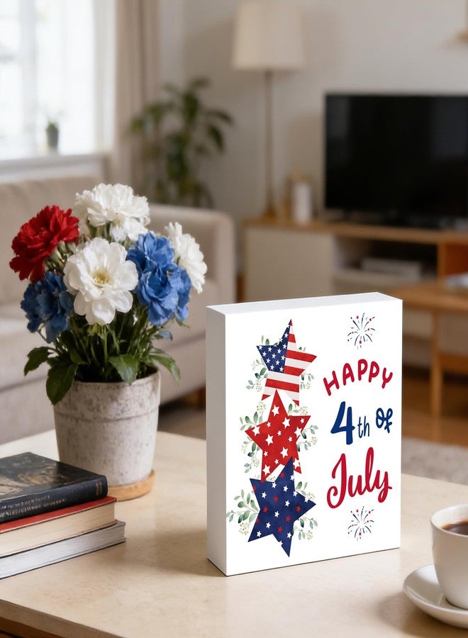 YUNKKIN 4th of July Decorations Patriotic Decor Fourth 4th of July Table Decorations Home Wooden Sign Red White and Blue Pentagram Rustic Room Office Bathroom Wood Shelf Desk Decor Season Sign 5.9 x 5.9 Inch - Image 5