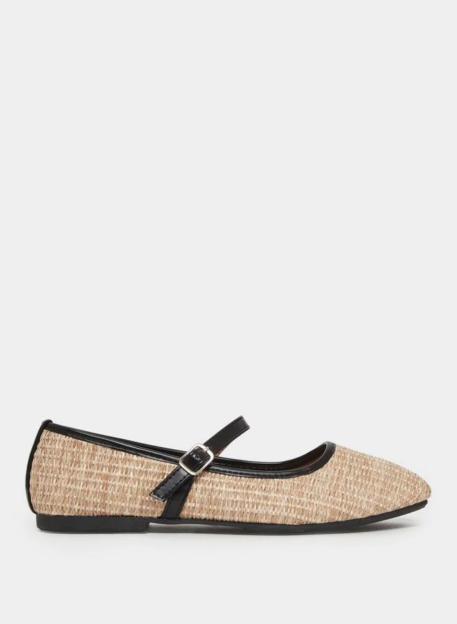 Beige Woven Mary Jane Ballerinas