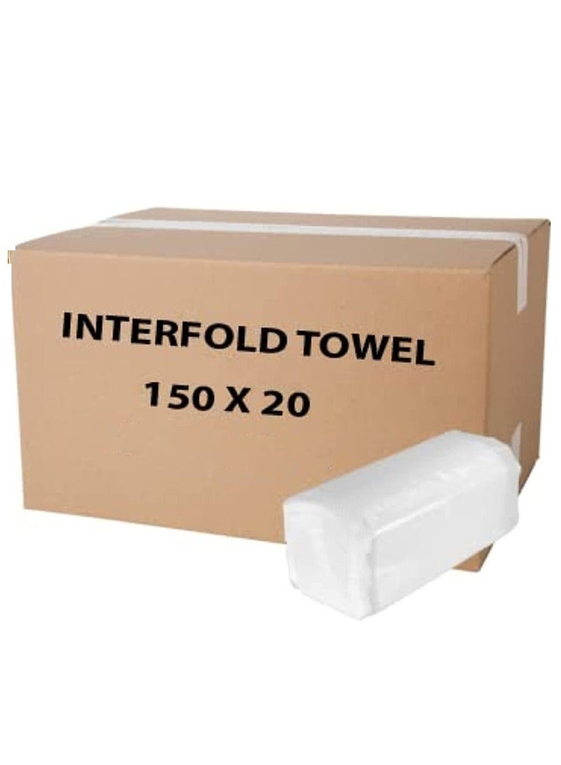 SAQOWARE Premium Quality 2-Ply Interfold Paper Towel – 220mm x 210mm – 150 Sheets per Laminated Pack – 20 Packs in Carton  – Soft, Strong, and Highly Absorbent Inter Fold Paper Towels for Home, Office and Commercial Use - Image 1