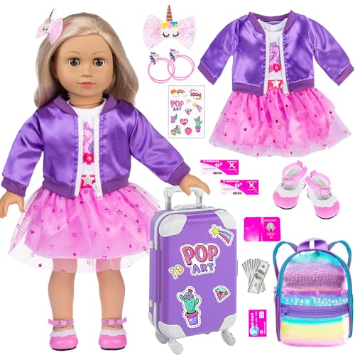 ebuddy 18 Inch Doll Clothes and Accessories School Supplies Playset Accesscories Doll Travel Suitcase Set Including Coat,Dress,Suitcase,Hairpin,Hair Ring,Stickers,Shoes (No Doll) - Image 1