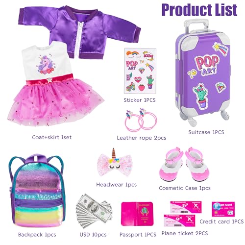 ebuddy 18 Inch Doll Clothes and Accessories School Supplies Playset Accesscories Doll Travel Suitcase Set Including Coat,Dress,Suitcase,Hairpin,Hair Ring,Stickers,Shoes (No Doll) - Image 2