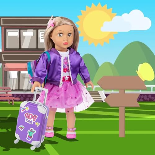ebuddy 18 Inch Doll Clothes and Accessories School Supplies Playset Accesscories Doll Travel Suitcase Set Including Coat,Dress,Suitcase,Hairpin,Hair Ring,Stickers,Shoes (No Doll) - Image 4