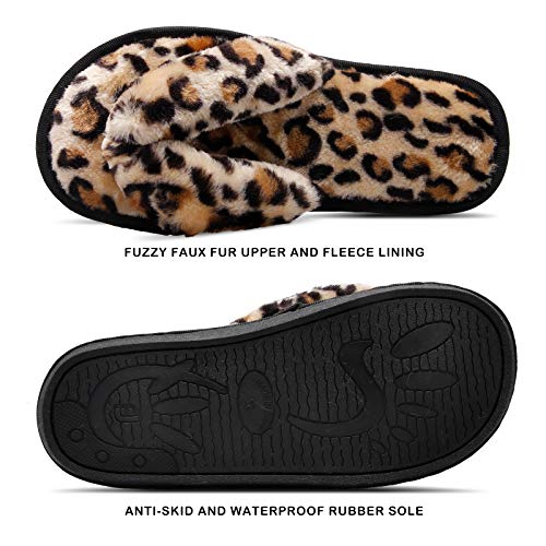 JOINFREE Women's Fuzzy Slides Thong Slippers Flip Flop Memory Foam House Slippers for Women Leopard 5.5-6.5 M US - Image 3