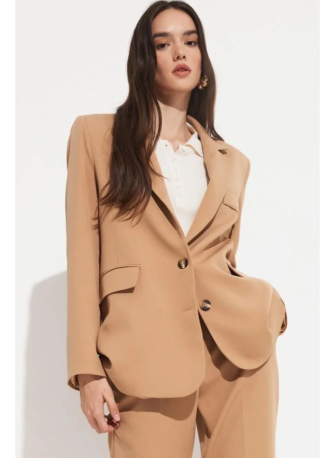 JUNE June Regular Fit Two-Button Blazer Jacket Beige