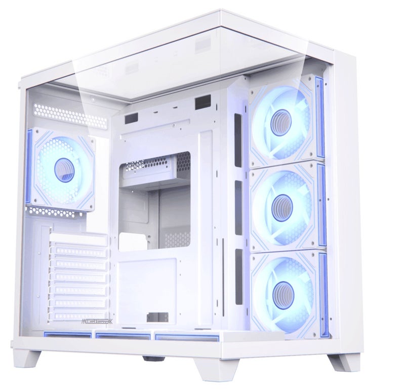 أسيجيك‎ هيكل Horizon Mid-Tower ATX، ATX/mATX/ITX، مساحة خالية لوحدة معالجة الرسومات 410 مم، مبرد وحدة المعالجة المركزية 165 مم، مشعاع جانبي 360 مم، 7 فتحات PCIe، قرص SSD واحد بحجم 2.5 بوصة + قرصان HDD بحجم 3.5 بوصة، منفذ USB-C وUSB 2.0 أمامي، مقبس صوت، SPCC Steel، أبيض - Image 1