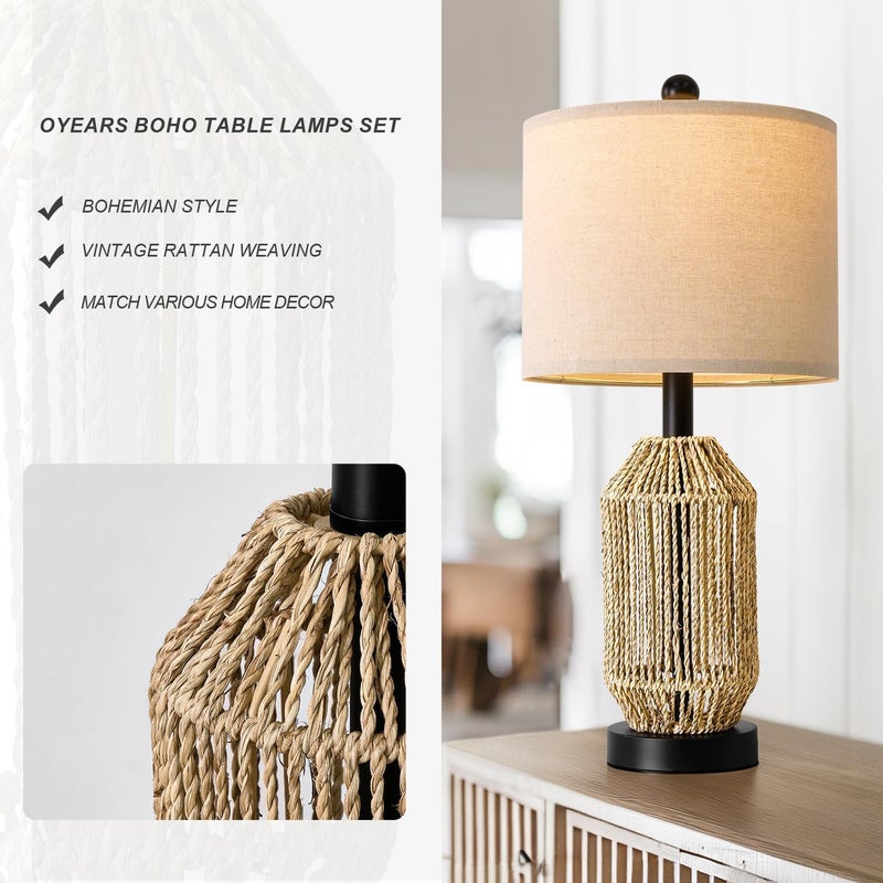 OYEARS 21" Boho Table Lamps Set of 2 for Living Room, Bedside Lamps for Nightstand, Rattan Lamp for Bedroom, Farmhouse Table Lamps for Boho Decor, End Table, Retro, Black - Image 2