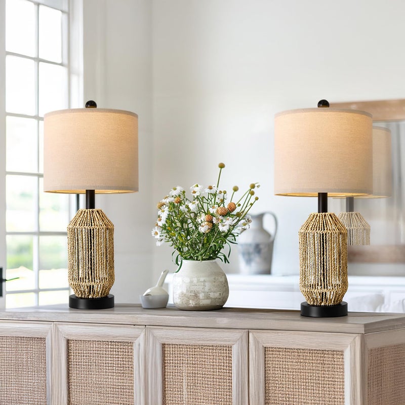OYEARS 21" Boho Table Lamps Set of 2 for Living Room, Bedside Lamps for Nightstand, Rattan Lamp for Bedroom, Farmhouse Table Lamps for Boho Decor, End Table, Retro, Black - Image 1