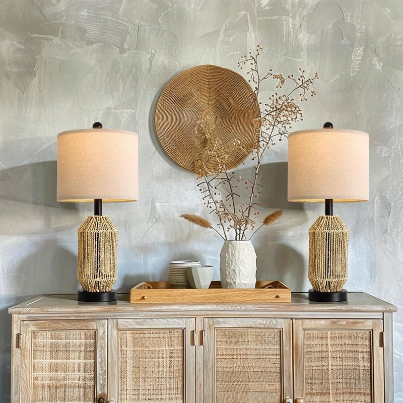 OYEARS 21" Boho Table Lamps Set of 2 for Living Room, Bedside Lamps for Nightstand, Rattan Lamp for Bedroom, Farmhouse Table Lamps for Boho Decor, End Table, Retro, Black - Image 5