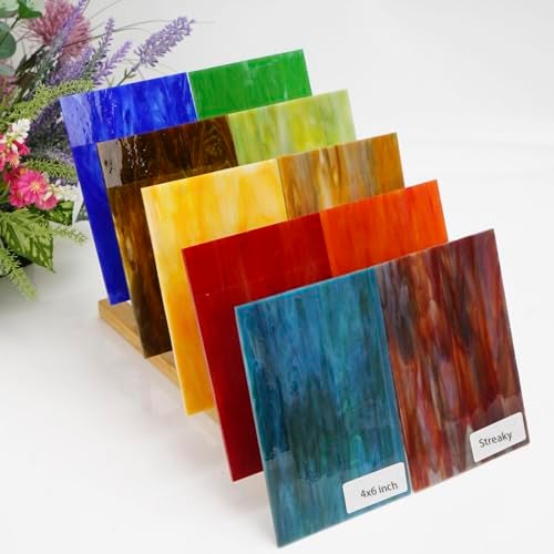 Lanyani 10 Sheets Variety Streaky Glass Packs 4 x 6 inch Cathedrals Stained Glass Sheets for Mosaic Tiles CraftsMixed Colors