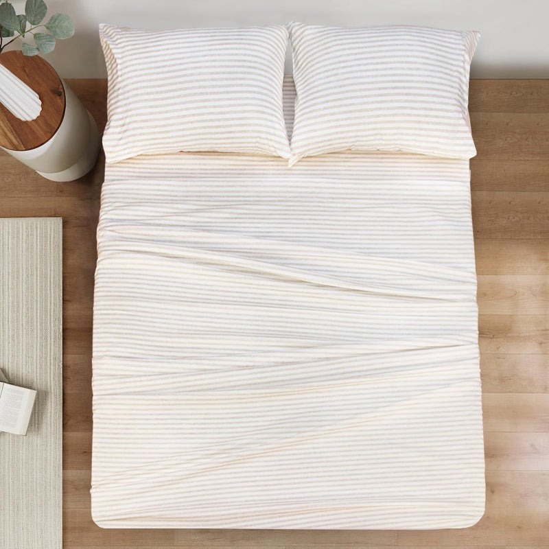 Mejoroom Striped Queen Size Sheet Set - Hotel Luxury 1800 Bedding Sheets & Pillowcases - Deep Pocket Fitted Sheet, Soft, Breathable, Wrinkle & Fade Resistant - 4 Piece (Beige Stripe) - Image 2