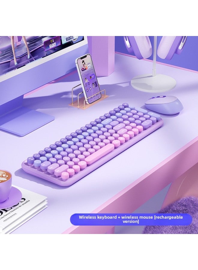 Loquat BOW Fashion Gradient Wireless Keyboard Mouse Suit K600 Laptop Desktop Computer Universal Home Quiet Office-color:Summer Purple-Wireless Keyboard + Dual Mode Mouse| Send Charging Cable - Image 1