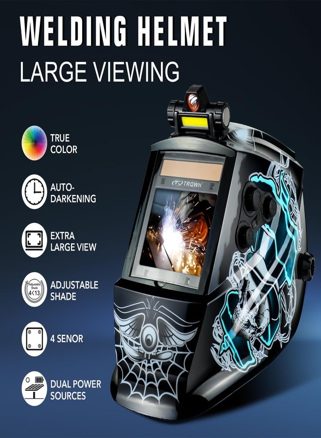 TRQWH Welding Helmet Auto Darkening Large Viewing True Color Solar Powered Welding Mask with 4 Arc Sensor Adjustable Wide Shade Range 4~5-8/9-13 Welder Mask with Grinding (TRQWH-LD14) - Image 2