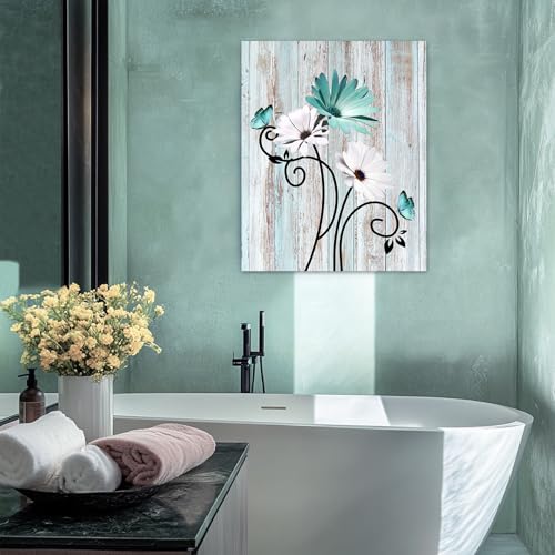 HVEST Teal Daisy Wall Art Vintage Flower and Butterfly on Rustic Wooden Abstract Painting Farmhouse Plant Wall Art for Bathroom Living Room Bedroom Kitchen Decor Ready to Hang, 16Lx12W Inches - Image 2