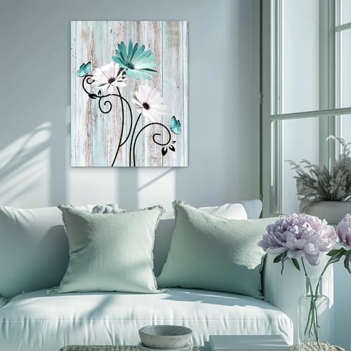 HVEST Teal Daisy Wall Art Vintage Flower and Butterfly on Rustic Wooden Abstract Painting Farmhouse Plant Wall Art for Bathroom Living Room Bedroom Kitchen Decor Ready to Hang, 16Lx12W Inches - Image 3