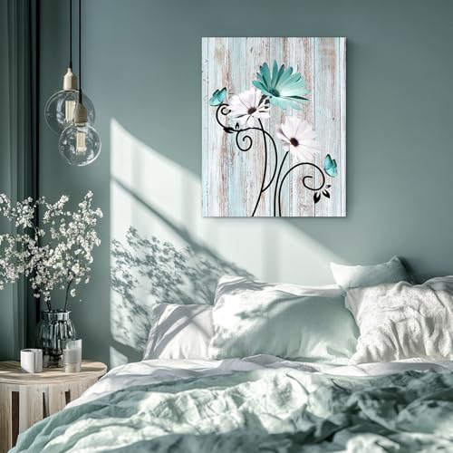 HVEST Teal Daisy Wall Art Vintage Flower and Butterfly on Rustic Wooden Abstract Painting Farmhouse Plant Wall Art for Bathroom Living Room Bedroom Kitchen Decor Ready to Hang, 16Lx12W Inches - Image 4