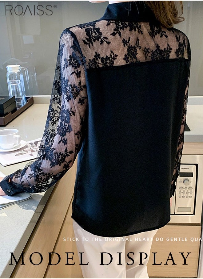 roaiss - Chiffon Lace Spliced Shirt Women's Fashion Casual Versatile Button Closure Design Daily Commuting Long Sleeve Top - Image 1