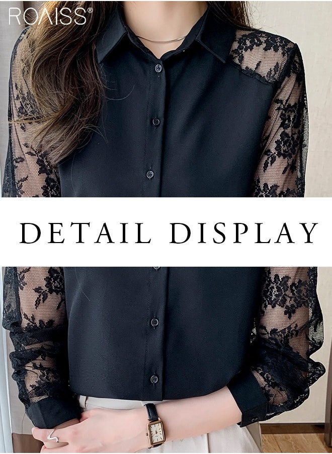 roaiss - Chiffon Lace Spliced Shirt Women's Fashion Casual Versatile Button Closure Design Daily Commuting Long Sleeve Top - Image 1