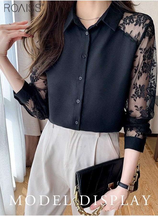 Chiffon Lace Spliced Shirt Women's Fashion Casual Versatile Button Closure Design Daily Commuting Long Sleeve Top - pzsku/ZE3FBBADC75B1065785E3Z/45/_/1721987860/f4c48a7c-abe2-41aa-a8ef-4ed6917b903d