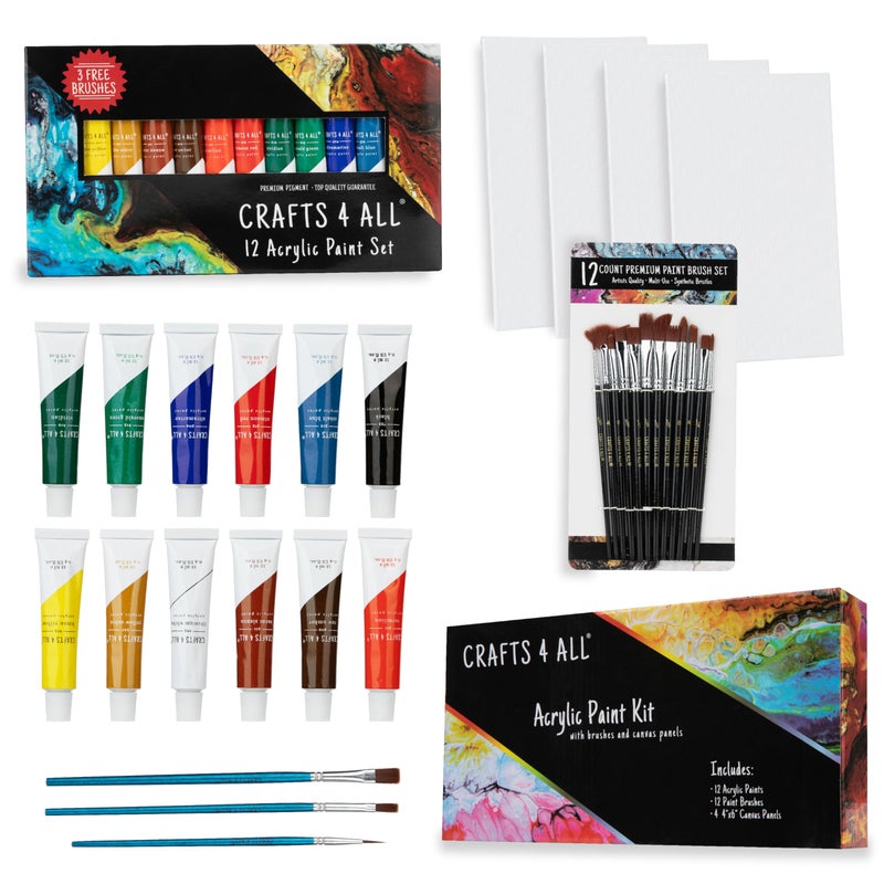 Crafts 4 All Acrylic Paint Set for Adults and Artists 12 Pack of 12mL Paints with 12 Art Brushes 4 Stretched Canvas Boards NonToxic Craft Paint for Easter Eggs Ceramic Rock Paint Art Supplies - Image 3
