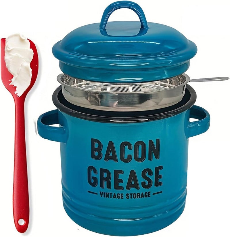 Multipurpose Enameled Grease Keeper with Strainer and Silicone Spatula for Preserving Bacons Drippings Fat and Kitchen Use Bacons Fat Keeper - Image 1