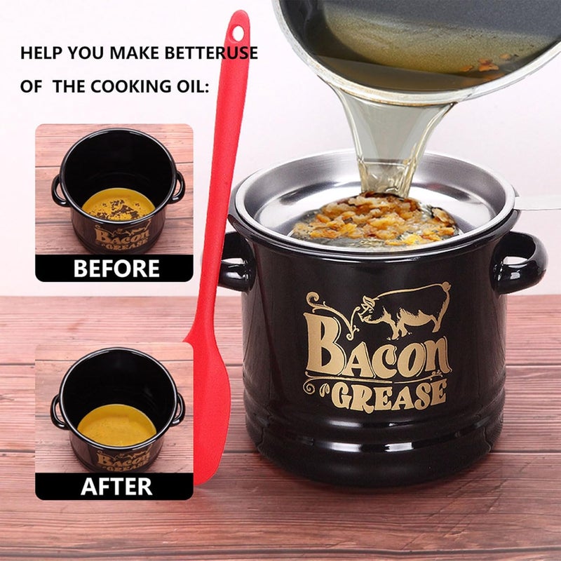 Multipurpose Enameled Grease Keeper with Strainer and Silicone Spatula for Preserving Bacons Drippings Fat and Kitchen Use Bacons Fat Keeper - Image 4