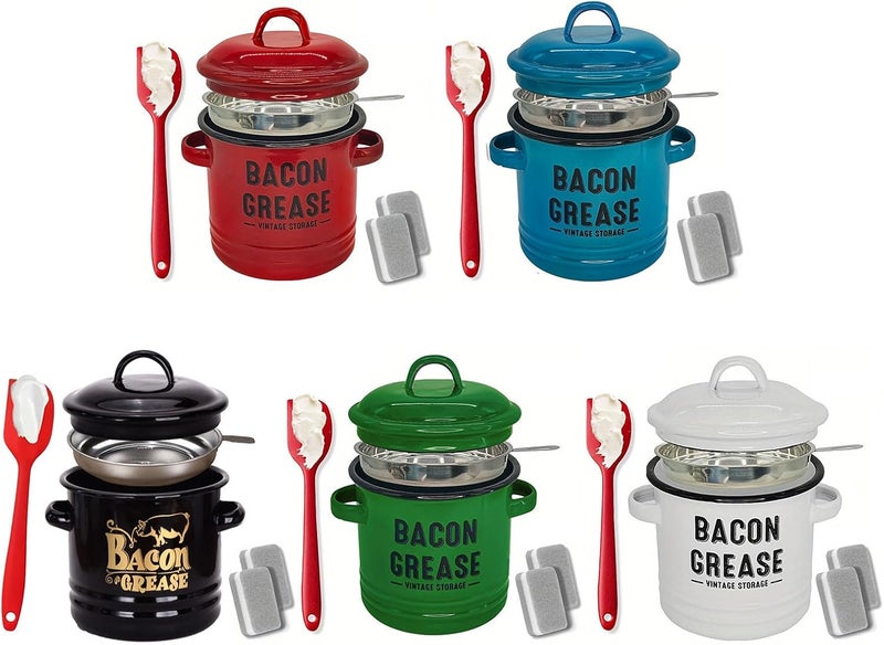 Multipurpose Enameled Grease Keeper with Strainer and Silicone Spatula for Preserving Bacons Drippings Fat and Kitchen Use Bacons Fat Keeper - Image 3