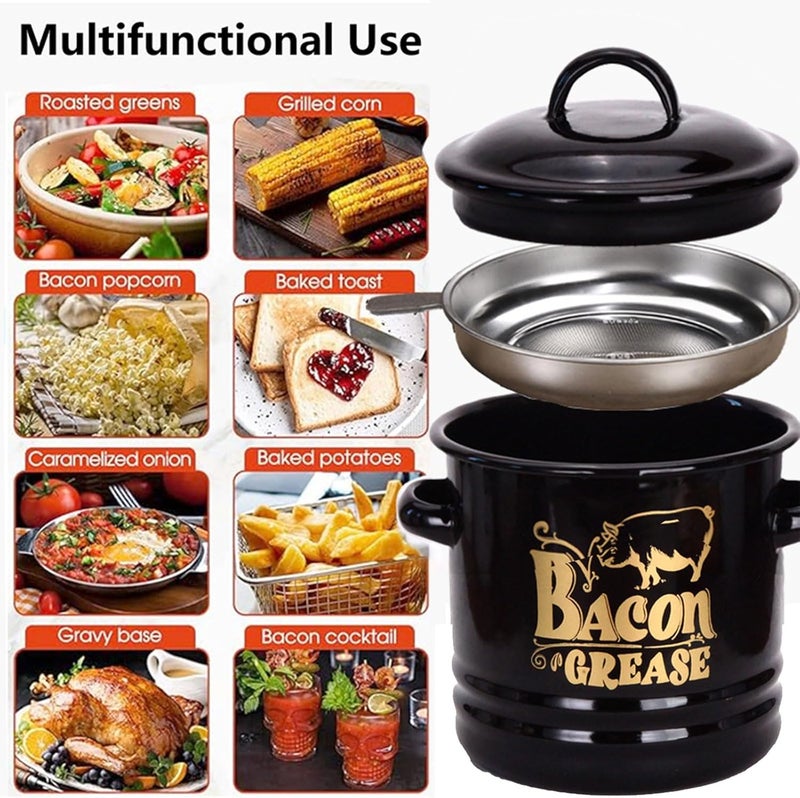 Multipurpose Enameled Grease Keeper with Strainer and Silicone Spatula for Preserving Bacons Drippings Fat and Kitchen Use Bacons Fat Keeper - Image 2