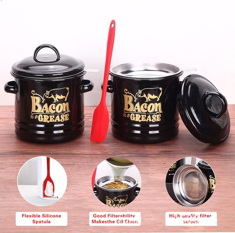 Multipurpose Enameled Grease Keeper with Strainer and Silicone Spatula for Preserving Bacons Drippings Fat and Kitchen Use Bacons Fat Keeper - Image 5