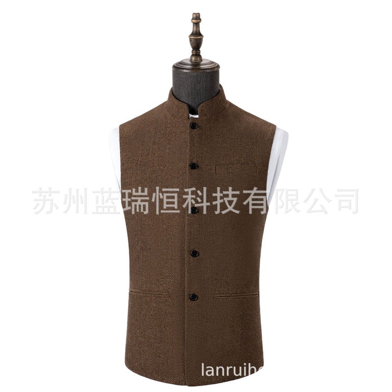 general Men's Stand Collar Herringbone Pattern Vest Slim Fit Polyester Fiber Blend - Image 5