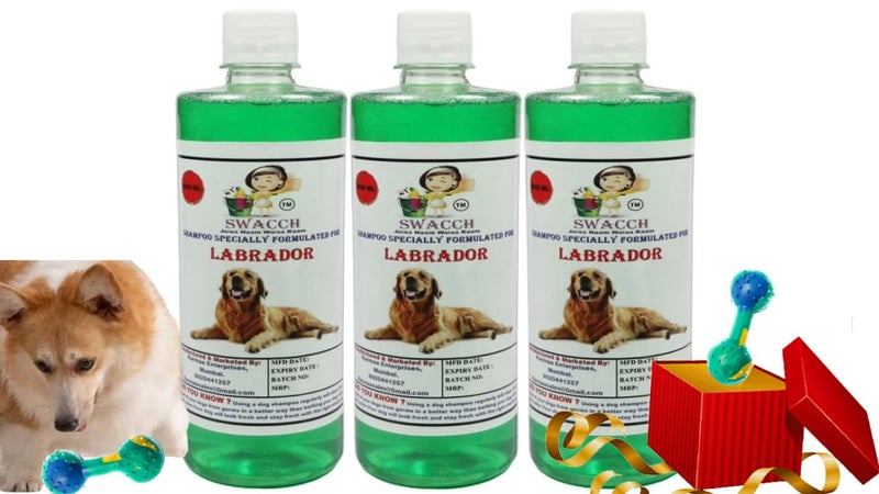 swacch Labrador Dog Shampoo + Dumbbell Toy I Durable Rubber Dog Toy for Chewing I Playing,Teeth Cleaning & Training Toy I Combo Pack I 500ml Pack of 3 Neem Alovera - Image 1