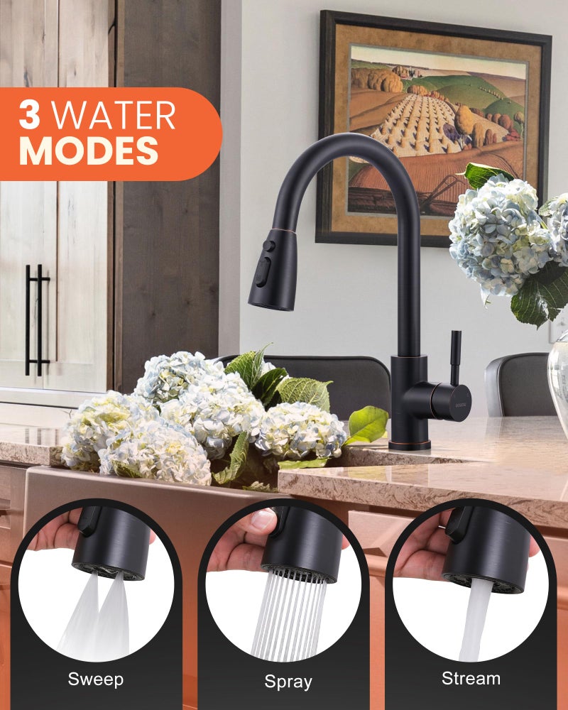 WOWOW Bronze Kitchen Faucet with Sprayer, WOWOW Stainless Steel Kitchen Sink Faucet Oil Rubbed Bronze, High Arc Pull Down Kitchen Faucets for Sink - Image 2