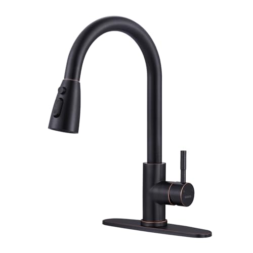 WOWOW Bronze Kitchen Faucet with Sprayer, WOWOW Stainless Steel Kitchen Sink Faucet Oil Rubbed Bronze, High Arc Pull Down Kitchen Faucets for Sink - Image 1
