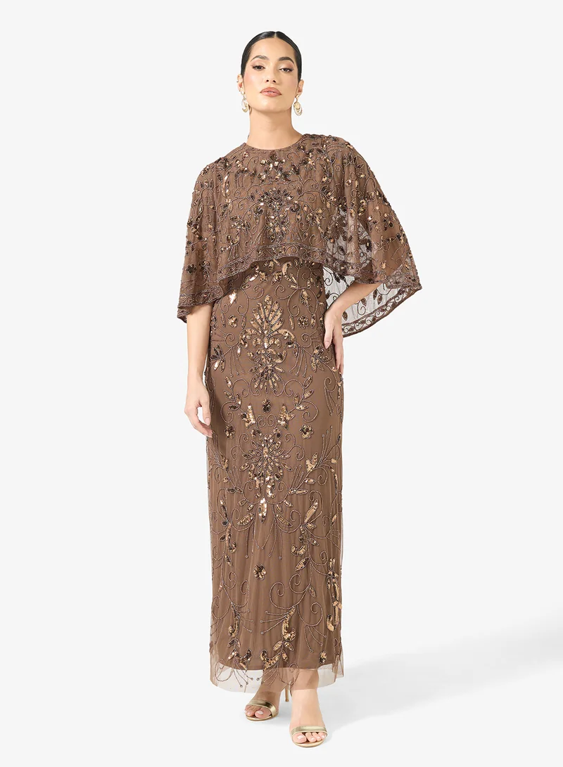 Embellished Sequin Cape Detailed Maxi Dress