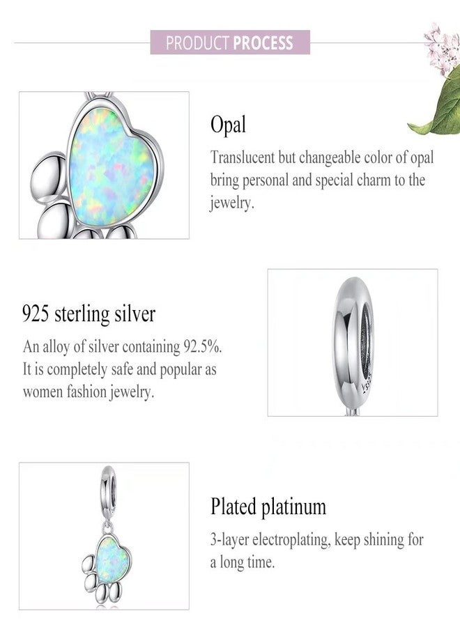 Qings Pet Paw Print Charms - Cute Footprint Bead Heart-shaped Opal Pendant 925 Sterling Silver Platinum Plated for Bracelet Necklace Gift for Women - Image 4