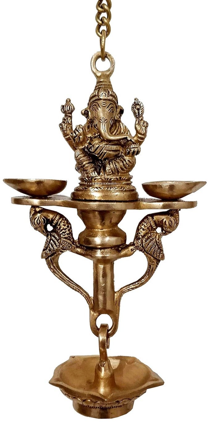 BRASS GANESHA NILA VILAKKU 7BATTI HANGING DIYA PEACOCKS DESIGN MAJESTIC OIL LAMP DEEPAK 12253