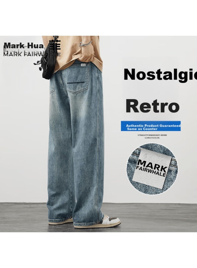 Mark Fairwhale Men's Jeans Spring Autumn Casual Straight Leg Vintage Outdoor Versatile Pants Light Blue 32