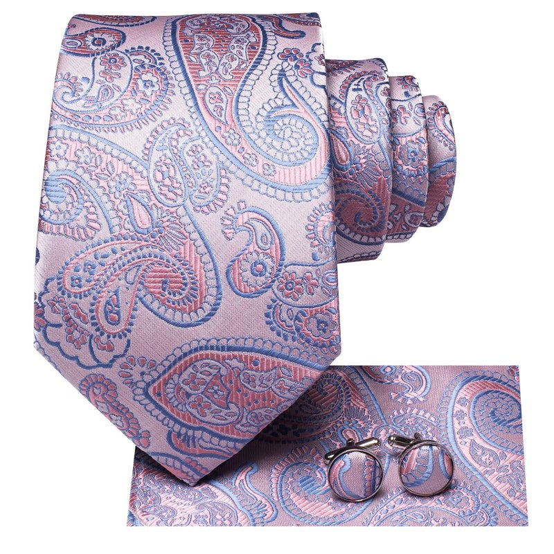 Hi-Tie Silk Paisley Ties for Men Necktie Pocket Square Cufflinks Set Foral Tie Sets Formal Business,Light Pink - Image 2