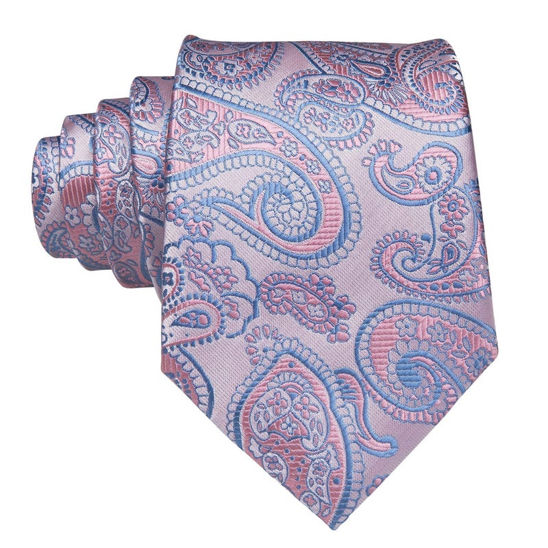 Hi-Tie Silk Paisley Ties for Men Necktie Pocket Square Cufflinks Set Foral Tie Sets Formal Business,Light Pink - Image 4