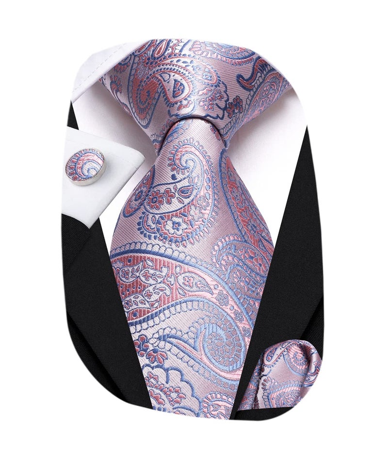 Hi-Tie Silk Paisley Ties for Men Necktie Pocket Square Cufflinks Set Foral Tie Sets Formal Business,Light Pink - Image 1
