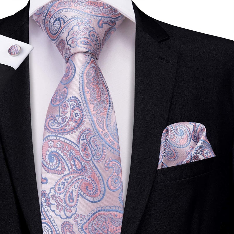 Hi-Tie Silk Paisley Ties for Men Necktie Pocket Square Cufflinks Set Foral Tie Sets Formal Business,Light Pink - Image 3