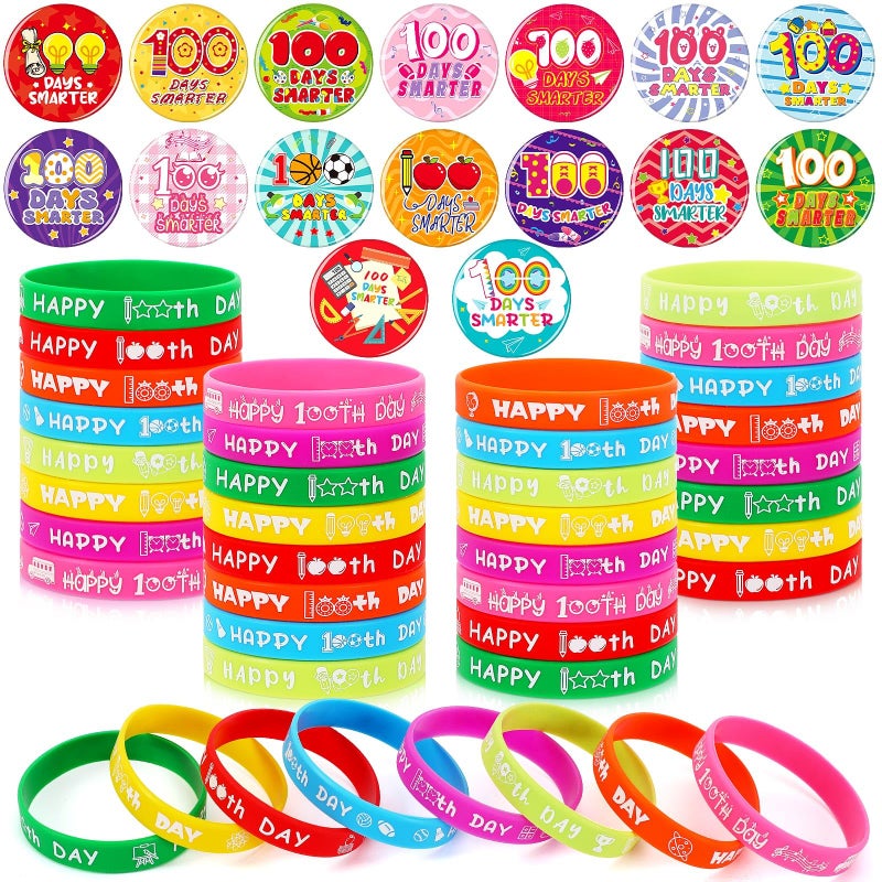 DTOFOOT 64PCS 100 Days of School Party Favors 32pcs 100 Days Smarter Button Badges Pins and 32pcs Silicone Bracelets for Happy 100th Day of School Activities Party Decorations Goodie Bag Fillers - Image 3