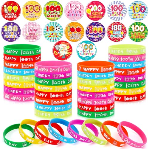 DTOFOOT 64PCS 100 Days of School Party Favors 32pcs 100 Days Smarter Button Badges Pins and 32pcs Silicone Bracelets for Happy 100th Day of School Activities Party Decorations Goodie Bag Fillers - Image 1