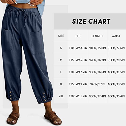 WROLEM Women's High Waist Pants Drawstring Capri Pants with Pockets Wide Leg Cropped Pants for Women NavyBlue Large - Image 3
