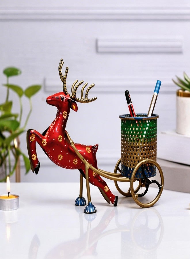 RHEA STORE Red Metal Flying Deer Pen Stand | 20 x 9 x 12 cm | Decorative Items for Living Room & Office Desk Accessories | Cute Pencil Holder & Home Decor Gift Item - Image 1