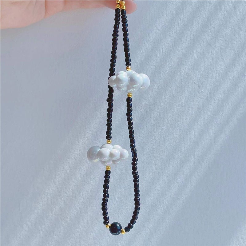 Lisa with girls mobile phone lanyard Japanese and Korean ins wind blue sky white clouds personalized beaded mobile phone chain in stock wholesale Cloud black mobile phone chain 