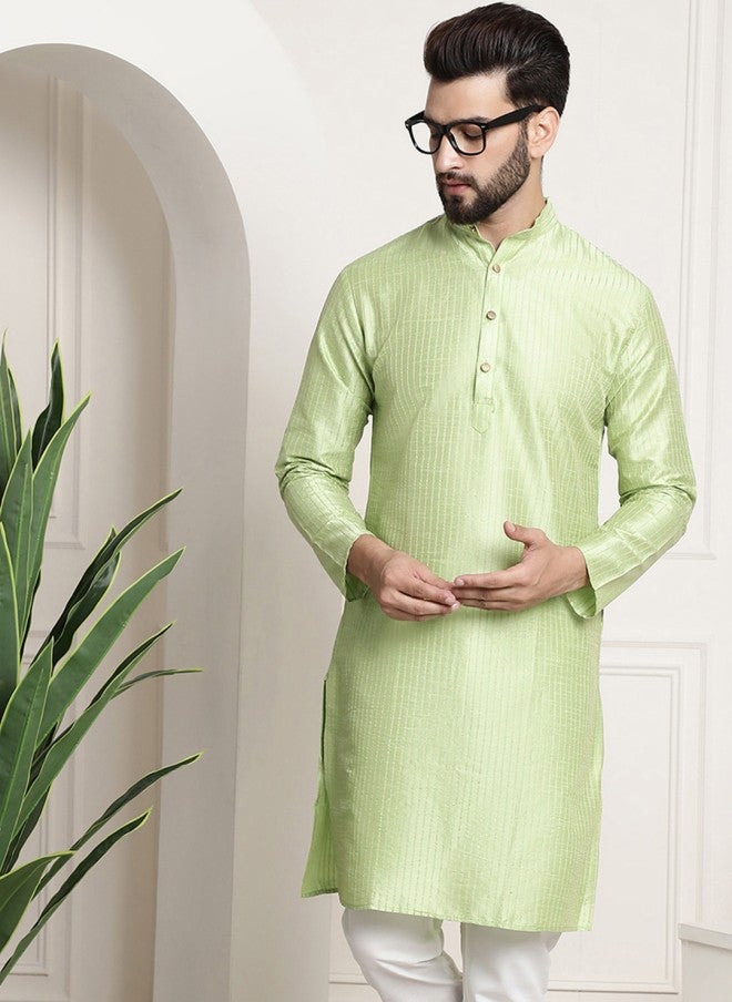 Sojanya قميص أخضر مخطط بياقة عريضة وأكمام طويلة للرجال - Image 1