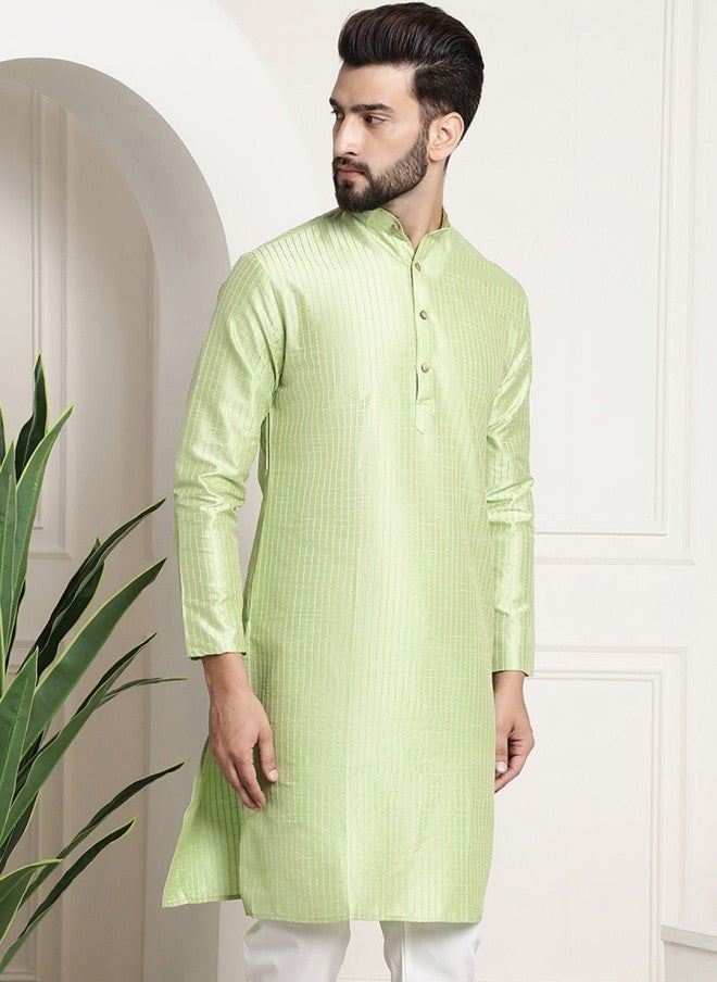 Sojanya قميص أخضر مخطط بياقة عريضة وأكمام طويلة للرجال - Image 4